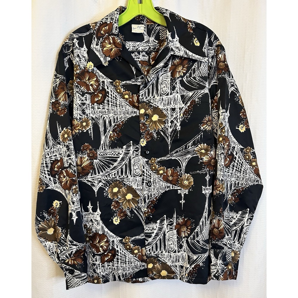 VTG Don Loper Mens Long Sleeve Shirt L London Bridge Floral Groovy Disco Mod